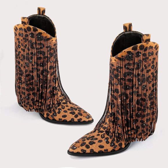 ⚡Women's Leopard Ankle Boots Western Rhinestone Sparkly Fringe Chunky Heel - Picture 2 of 7